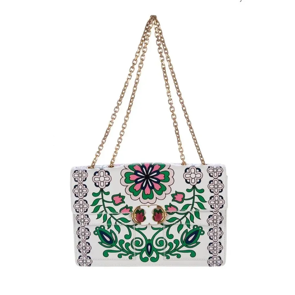 $625 Tory Burch White Garden Party Gemini Link Tri-Fold Leather Shoulder Bag